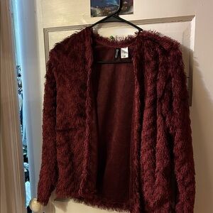 H&M Maroon Textured Open Cardigan